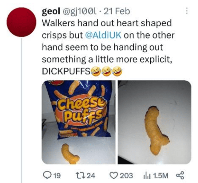 A bag of Aldi crisps or chips with one crisp appearing phallic-shaped