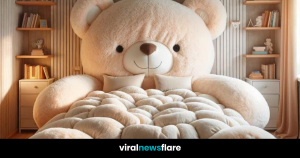 A bedroom showcasing the enchanting Giant Teddy Bear Bed, featuring a teddy bear-shaped headboard and charming details, creating a warm and whimsical atmosphere