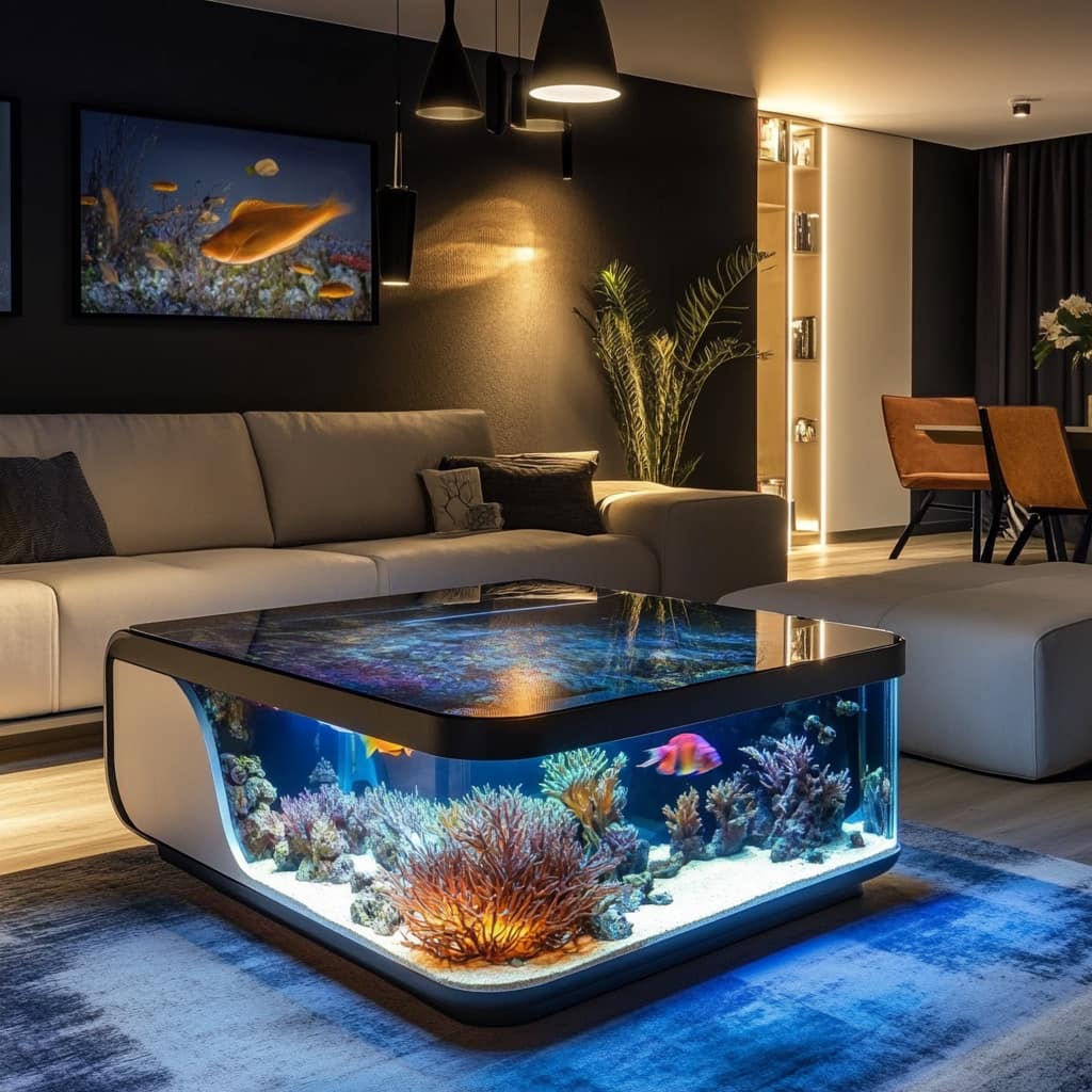 A sleek, modern living room featuring an illuminated aquarium coffee table with vibrant coral and tropical fish, complemented by stylish furniture and warm lighting.
