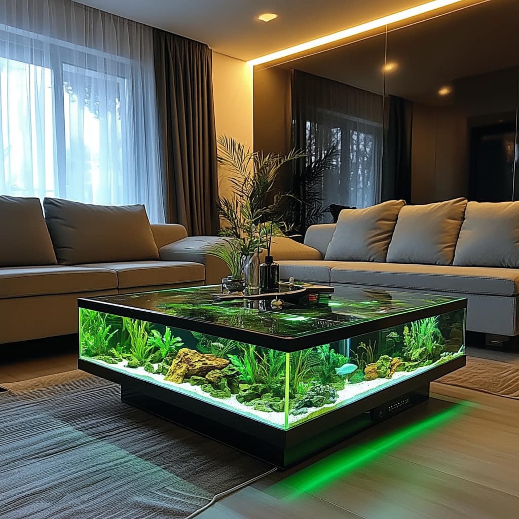 A green-lit aquarium coffee table showcasing lush aquatic plants and rocks, situated in a cozy living room with neutral-colored furniture and natural lighting.