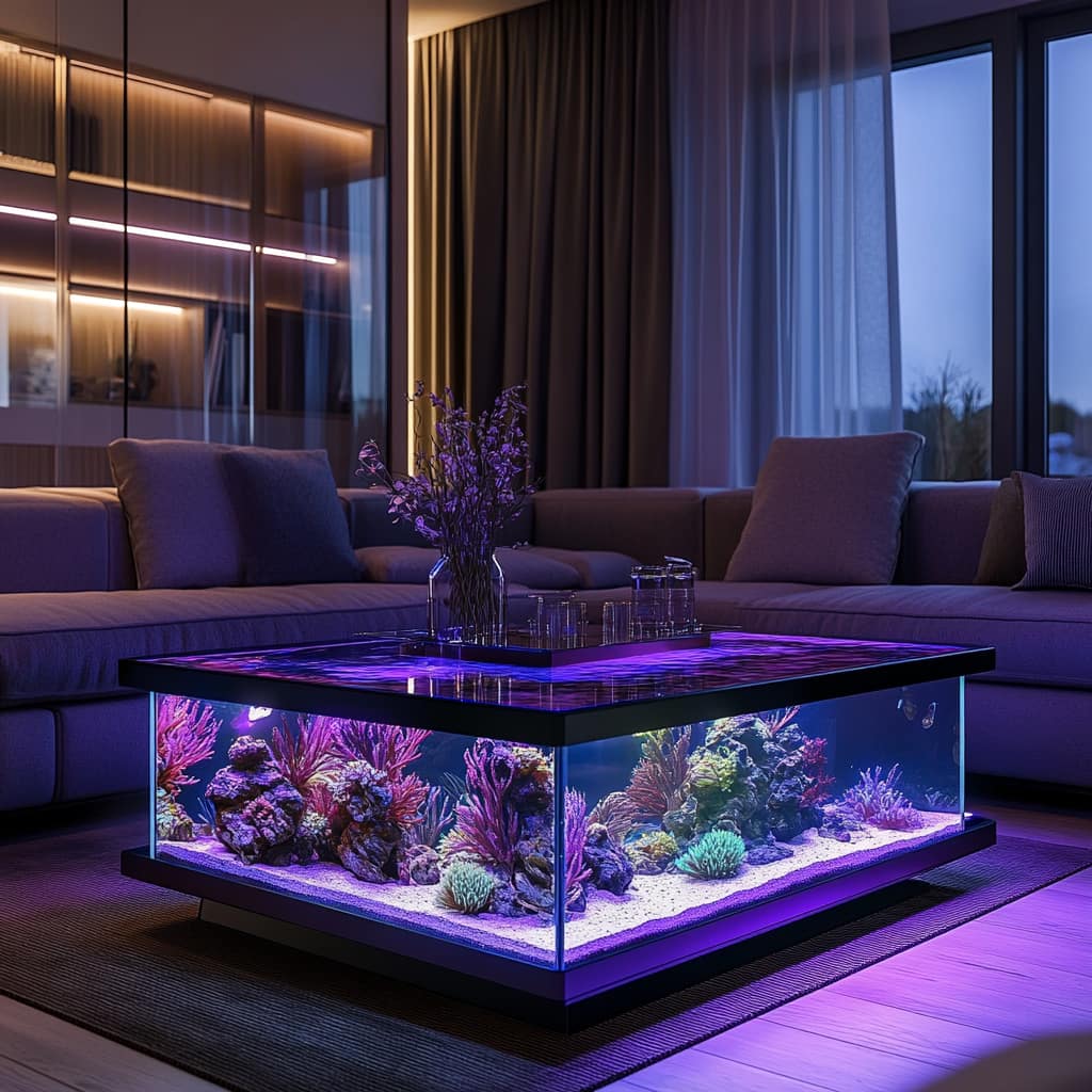 A stylish aquarium coffee table with purple LED lighting, filled with coral and marine life, enhancing the ambiance of an elegant living room with floor-to-ceiling windows.
