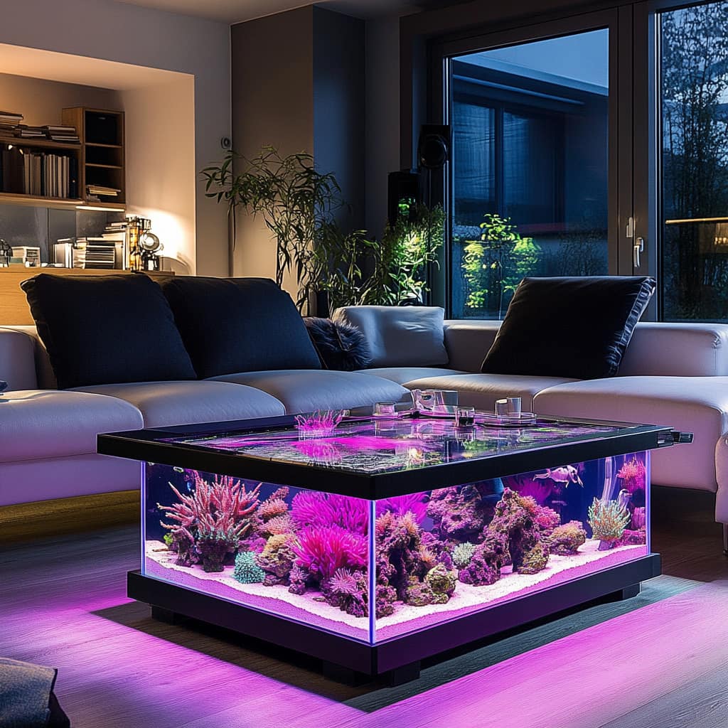 A vibrant aquarium coffee table with pink LED lighting, featuring colorful corals and fish, adding a modern touch to a chic living room with luxurious decor and ambient lighting.