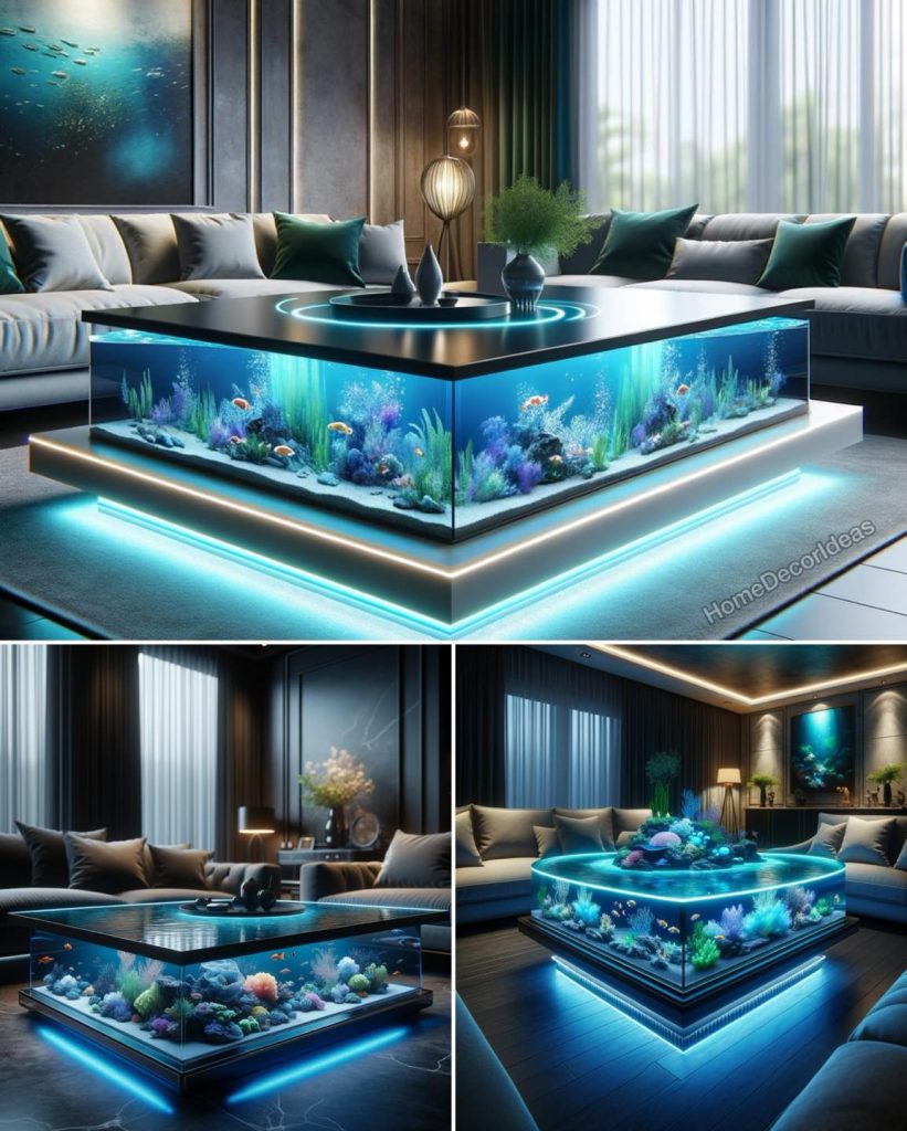 A sleek modern coffee table with a built-in aquarium below, showcasing colorful fish swimming gracefully amidst vibrant aquatic plants.
