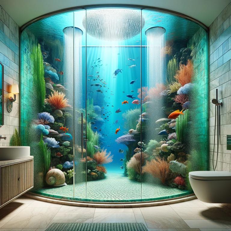 A mesmerising aquarium centerpiece adorned with vibrant fish and coral, adding elegance to the underwater-themed shower.