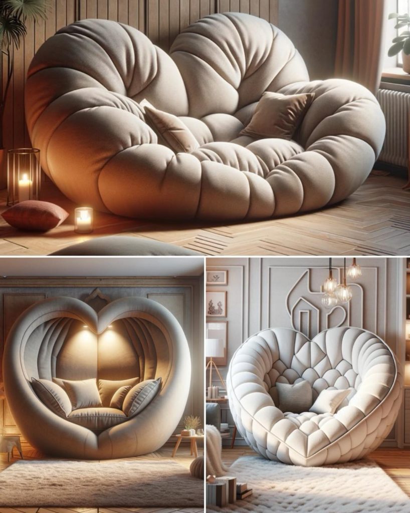 Close-up of a luxurious bespoke heart-shaped cuddle chair, showcasing its intricate design and inviting comfort, perfect for Valentine's Day celebrations