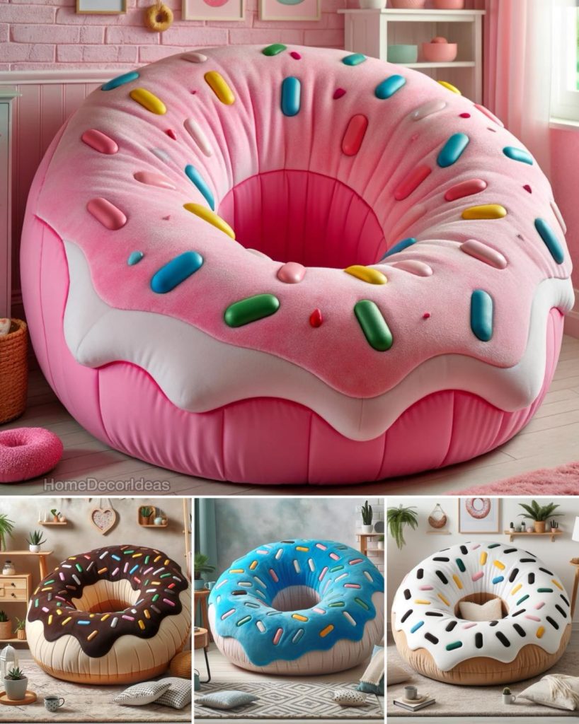 A pastel pink doughnut-shaped chair with soft cushions, inviting relaxation and comfort in a cozy corner of the room.