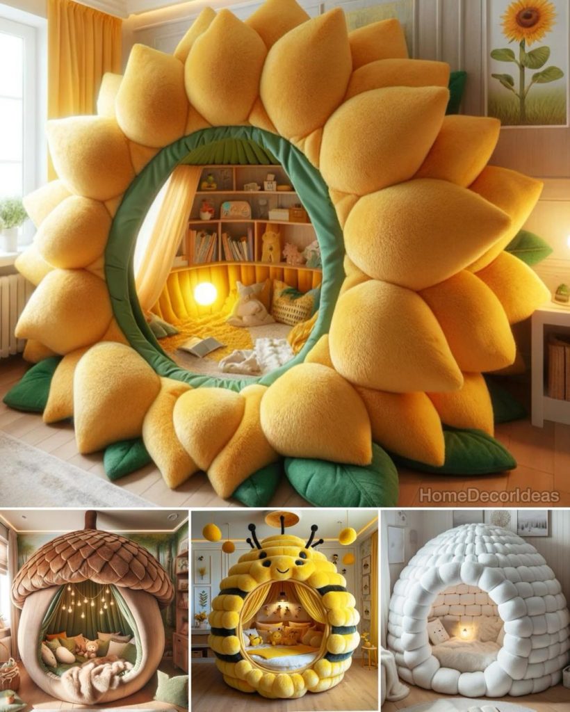 A cozy indoor den decorated with flowers, butterflies, and pastel colors, creating a whimsical springtime retreat for children.