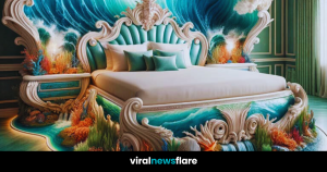 Sea-themed bed headboard resembling a cresting wave
