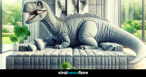 A contemporary sofa featuring a realistic T-Rex replica integrated into the frame, roaring boldly, adding a unique and captivating focal point to the living room décor.