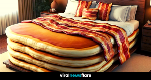 AI-generated rendering of a person nestled comfortably in a pancake-shaped bed, surrounded by whimsical breakfast-themed decor