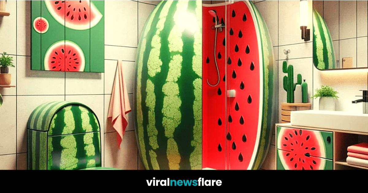 A whimsical watermelon-inspired toilet and basin set, adding playful charm to the bathroom ambiance with its vibrant colours and fruity motifs.