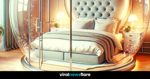 An elegant bedroom setting showcasing a glass dome heart-shaped bed, draped with billowing curtains and illuminated by soft, ambient lighting, creating a dreamy and luxurious atmosphere.