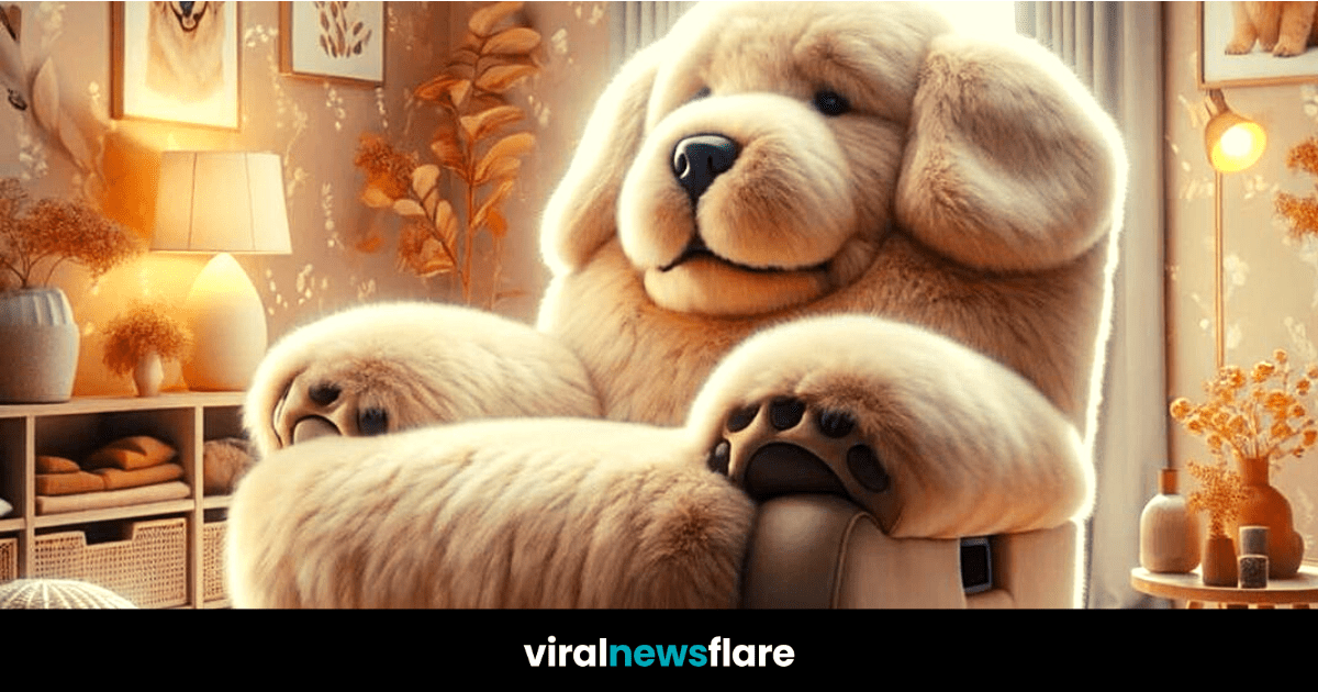 A comfy, canine-inspired recliner with a sleepy dog's face, providing a cozy spot to lounge in a room with soft lighting and tranquil decor.