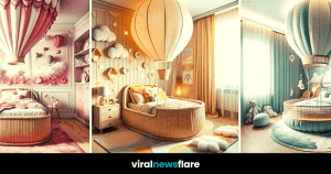 A whimsical bedroom featuring a hot air balloon bed as the centerpiece, surrounded by pastel-colored decor and soft, cloud-like pillows for a dream-like children's adventure theme.