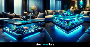 An ornate coffee table featuring an integrated aquarium, with intricate coral reefs, exotic fish, and LED lighting, creating a serene ambiance in the living space.