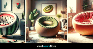 Elegant and playful watermelon and kiwi-inspired swivel chairs serving as focal points in stylishly decorated interior spaces.