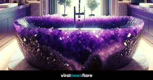 A sophisticated bathroom boasts a radiant sapphire crystal bathtub with glowing edges, offering a bathing experience akin to soaking in the stars