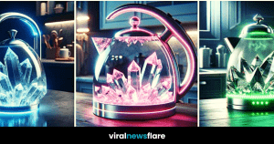 A collection of crystal glass kettles illuminated in tranquil sapphire and vibrant magenta, offering a blend of modern elegance and playful charm.