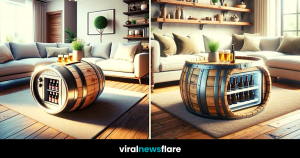 An innovative beer keg coffee table with AI integration and a sleek digital display, offering customisation options and convenience for users.