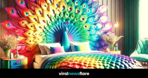 An opulent peacock-themed bedspread in a rich array of colors set against a striking peacock tail wall mural, embodying both comfort and grandeur.