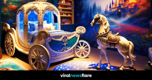 A whimsical bedroom featuring a fairy-tale carriage bed, complete with enchanting horses and a starry night ceiling, creating a magical space for restful adventure.