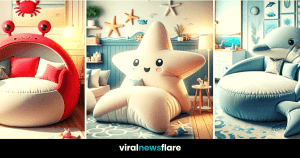 A collection of sea creature chairs including a crab with cushioned claws, a smiling starfish, and a dolphin with a huggable backrest in a themed room.