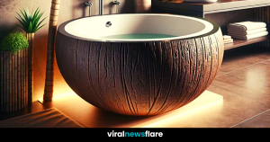 Close-up of coconut-inspired bath tub showcasing smooth curves and inviting ergonomic design, evoking the essence of tropical relaxation