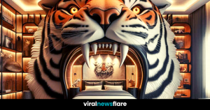 Luxurious tiger-themed bed with sleek frame and jungle-inspired bedding ensemble, evoking the untamed spirit of the wild