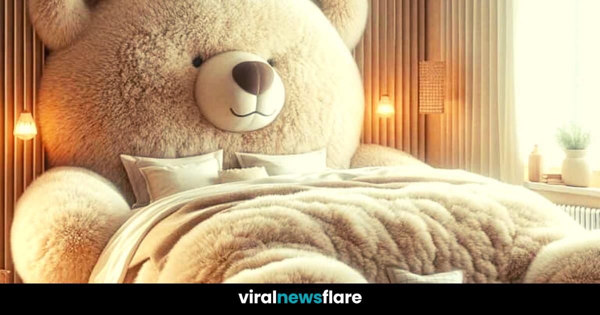 Giant soft teddy bear bed, wrapped in cozy comfort.