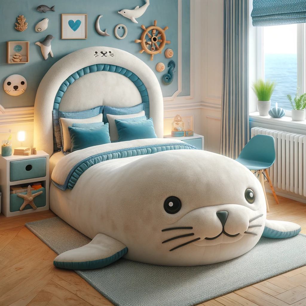 A serene seal-shaped bed in a child's bedroom with soft blue hues and nautical decorations.