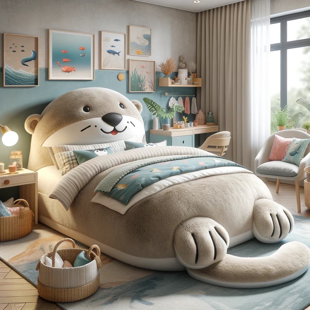 A peaceful children's bedroom with an otter-shaped bed, gentle lighting, and a neutral color scheme.