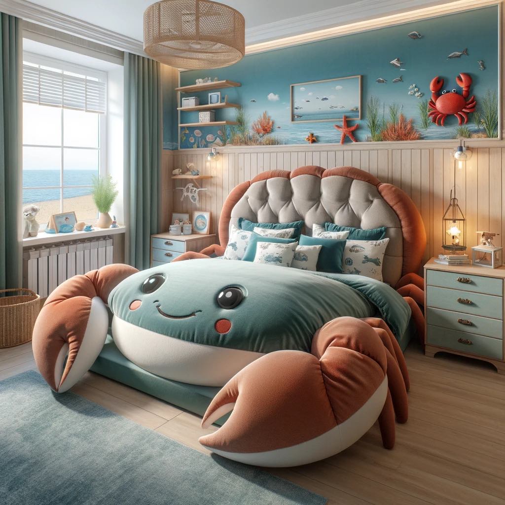 A cheerful child's bedroom with a crab-shaped bed and lively ocean-themed interior design.