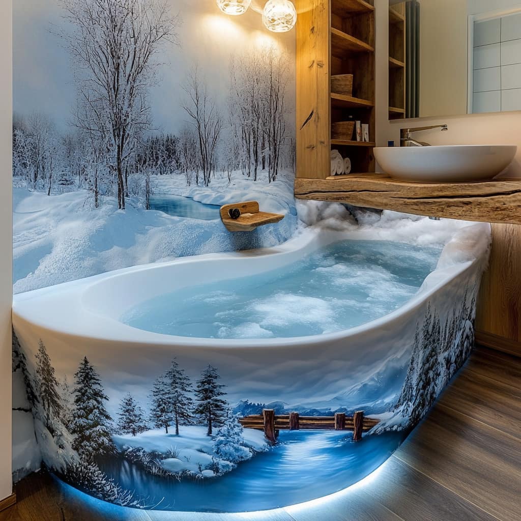 A luxurious freestanding bathtub featuring a snowy forest design, placed in a bright, modern bathroom.