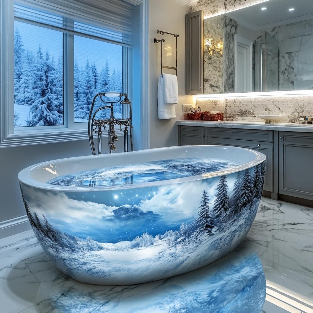 Snow-themed bathtub with a winter sunset design, surrounded by frosted glass and soft ambient lighting.