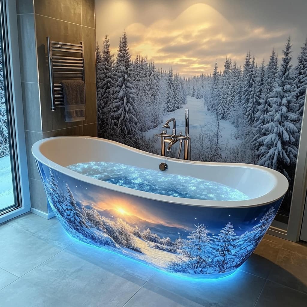 Freestanding snow-themed bathtub with mountain landscape imagery, set against marble and soft lighting.