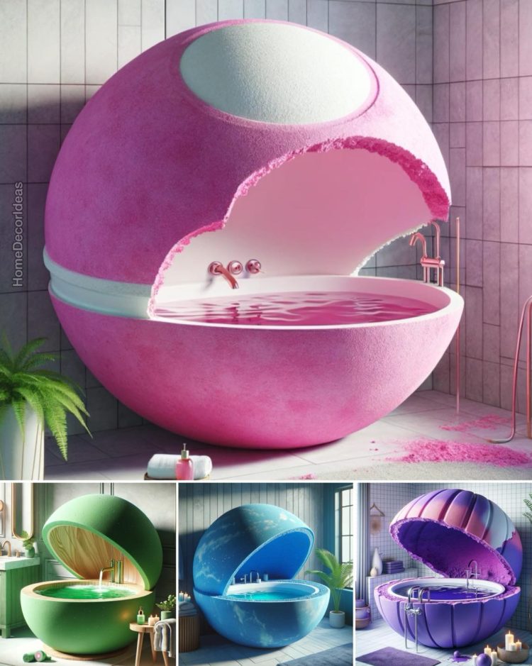 Four vibrant bath bomb-style bathtubs in various colors showcasing innovative design