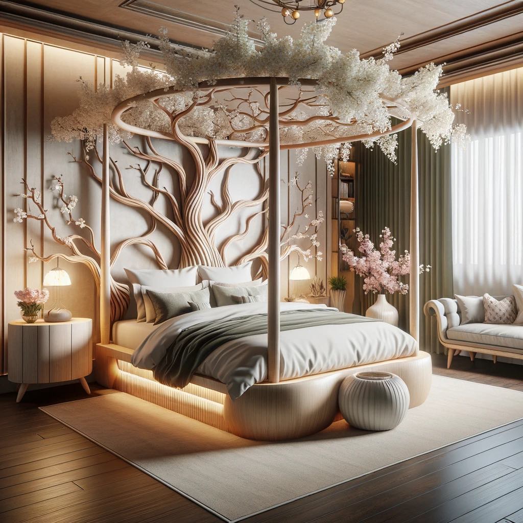 A charming bedroom with a four-poster bed, its canopy and structure adorned with whimsical tree branches and soft blossoms.