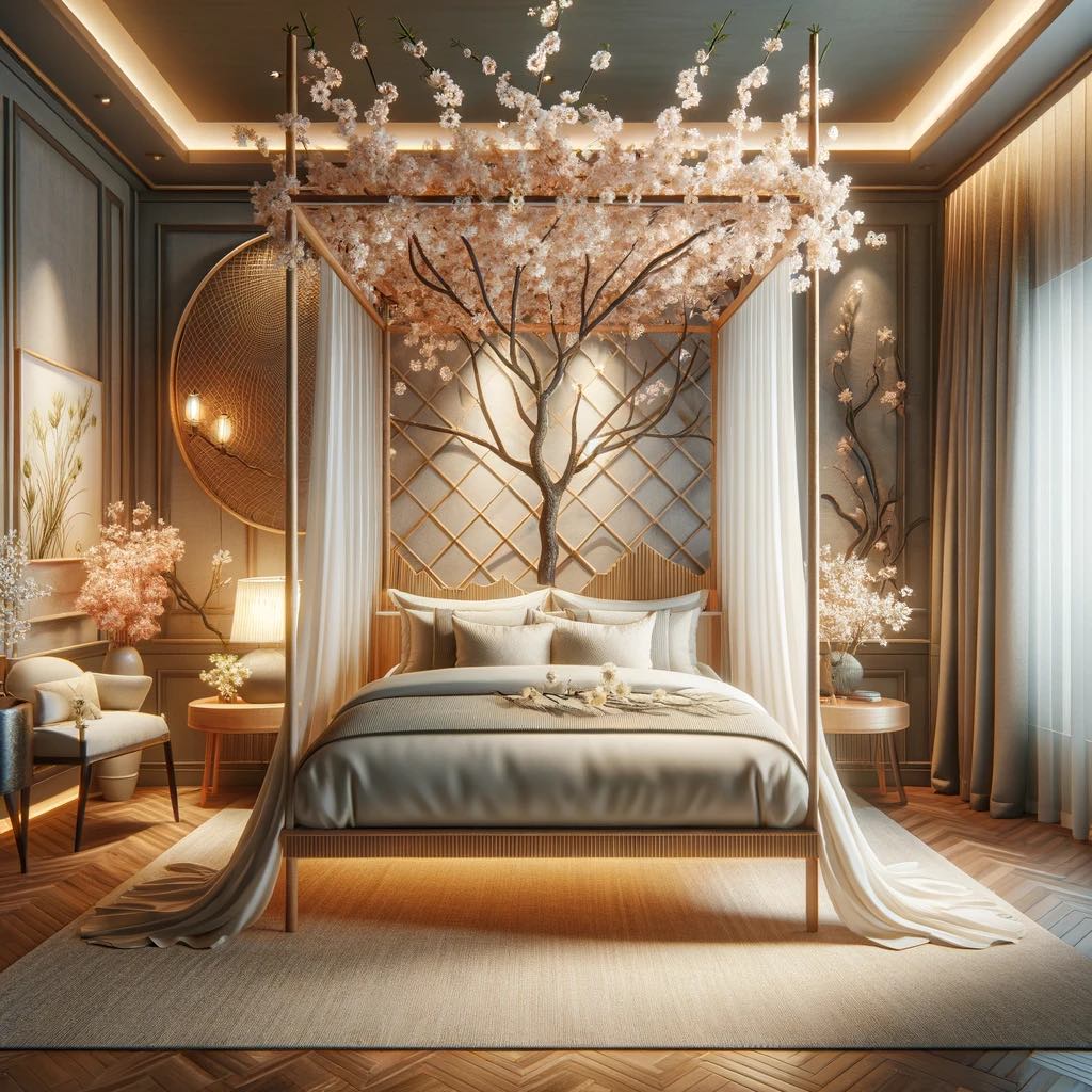 A sophisticated bedroom with a sheer-curtained four-poster bed, framed by the delicate pink blossoms of a tree, invoking a sense of botanical bliss.