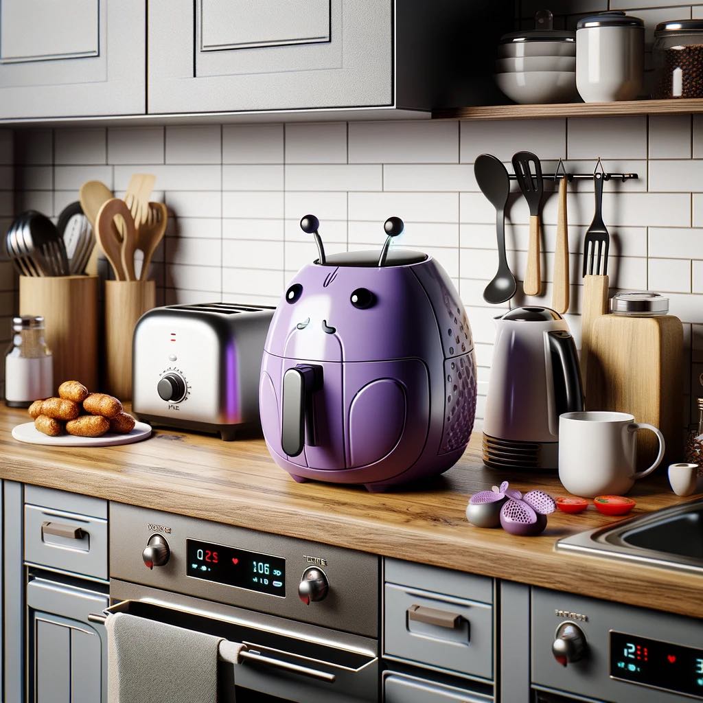 A whimsical purple beetle-shaped air fryer adding a playful touch to the kitchen counter."