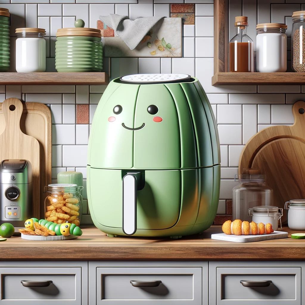 A cheerful green grasshopper air fryer, perfect for health-conscious, fun-loving cooks.