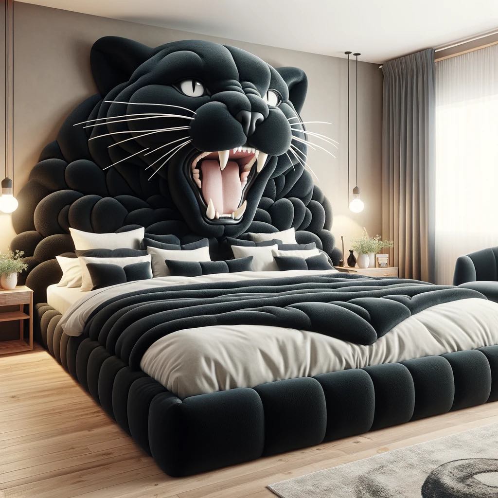 A modern bedroom dominated by a large 3D panther headboard, melding comfort with the wildness of nature.