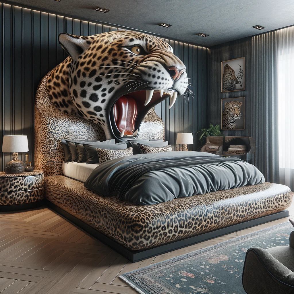 A bedroom with a plush 3D jaguar headboard, surrounded by dark, elegant decor and jungle-inspired elegance.