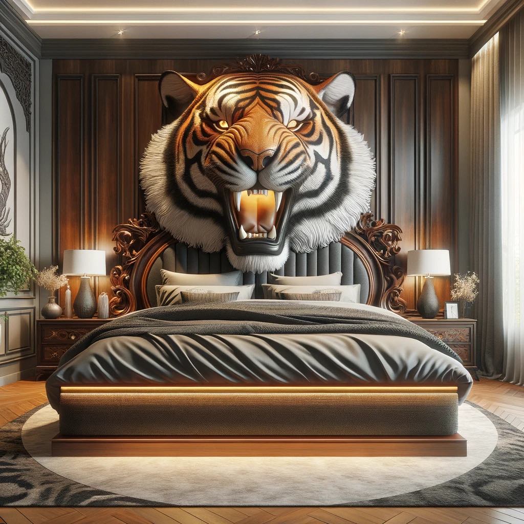 An opulent bedroom boasting a grand 3D tiger headboard, creating a bold statement alongside traditional decor elements.