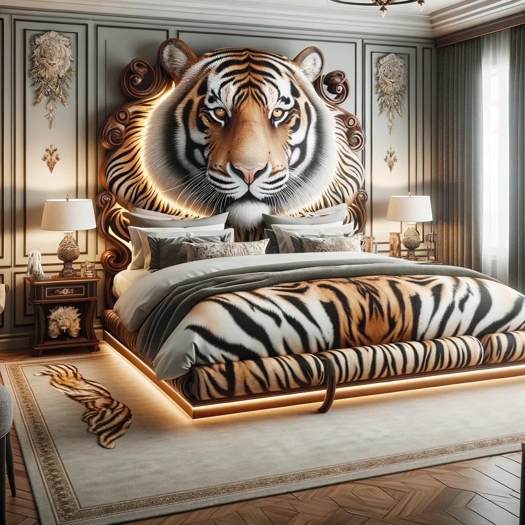 A refined bedroom setting with a tiger-striped headboard complementing the classical architecture and decor.