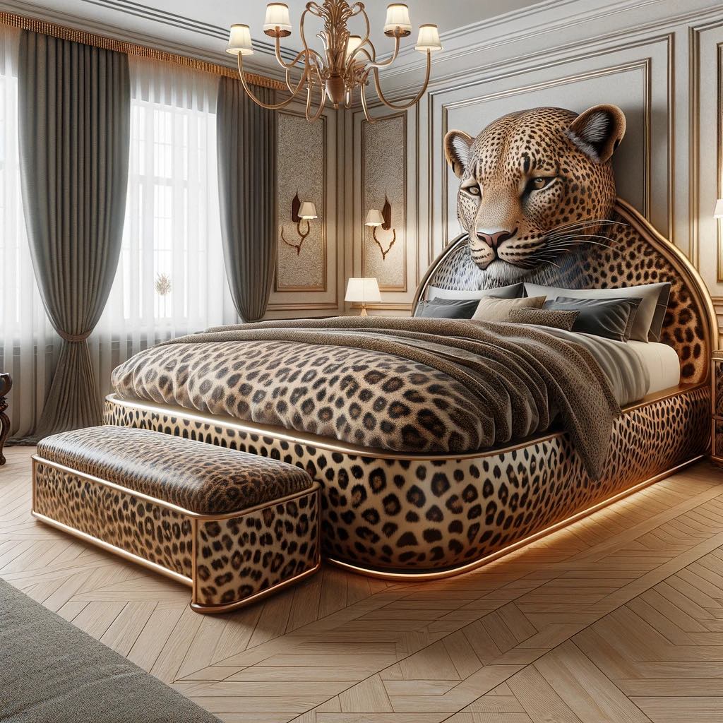 A bedroom that blends chic design with the allure of the wild, featuring a leopard print bed as its centrepiece.