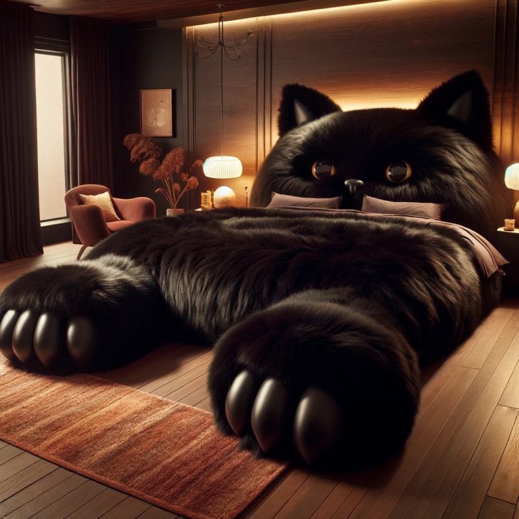 A giant black cat dominates a sleek bedroom design, with its plush form serving as an opulent bed amidst contemporary furnishings