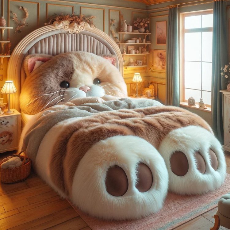 A vast Siamese cat bed lies at the center of a room bathed in pastels, its inviting gaze offering a tranquil escape.