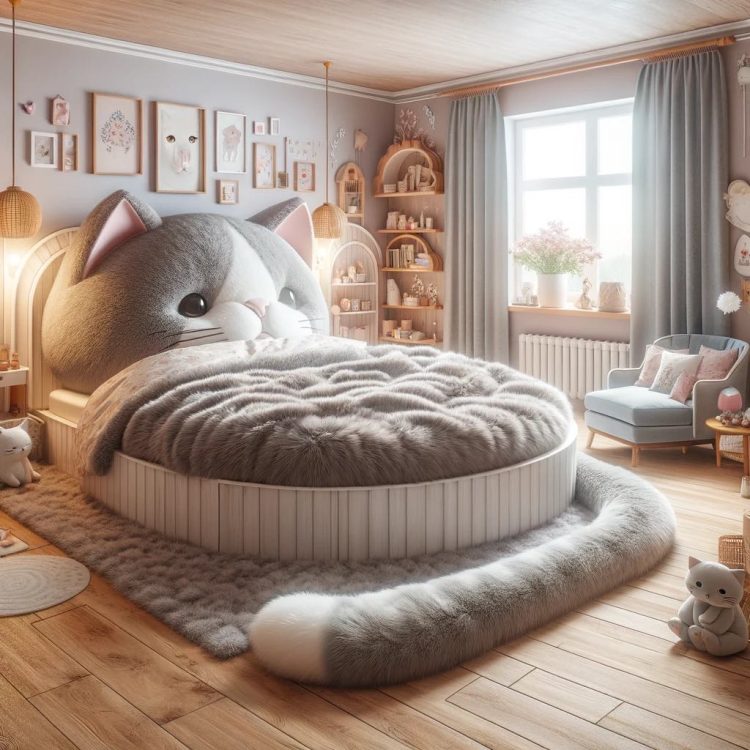 A room with a cozy atmosphere features a large grey cat bed, its soft fur inviting a touch of comfort and warmth.