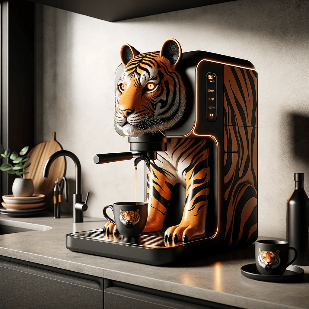 A sleek, modern coffee machine with tiger-eye detailing, serving a fierce cup of coffee.