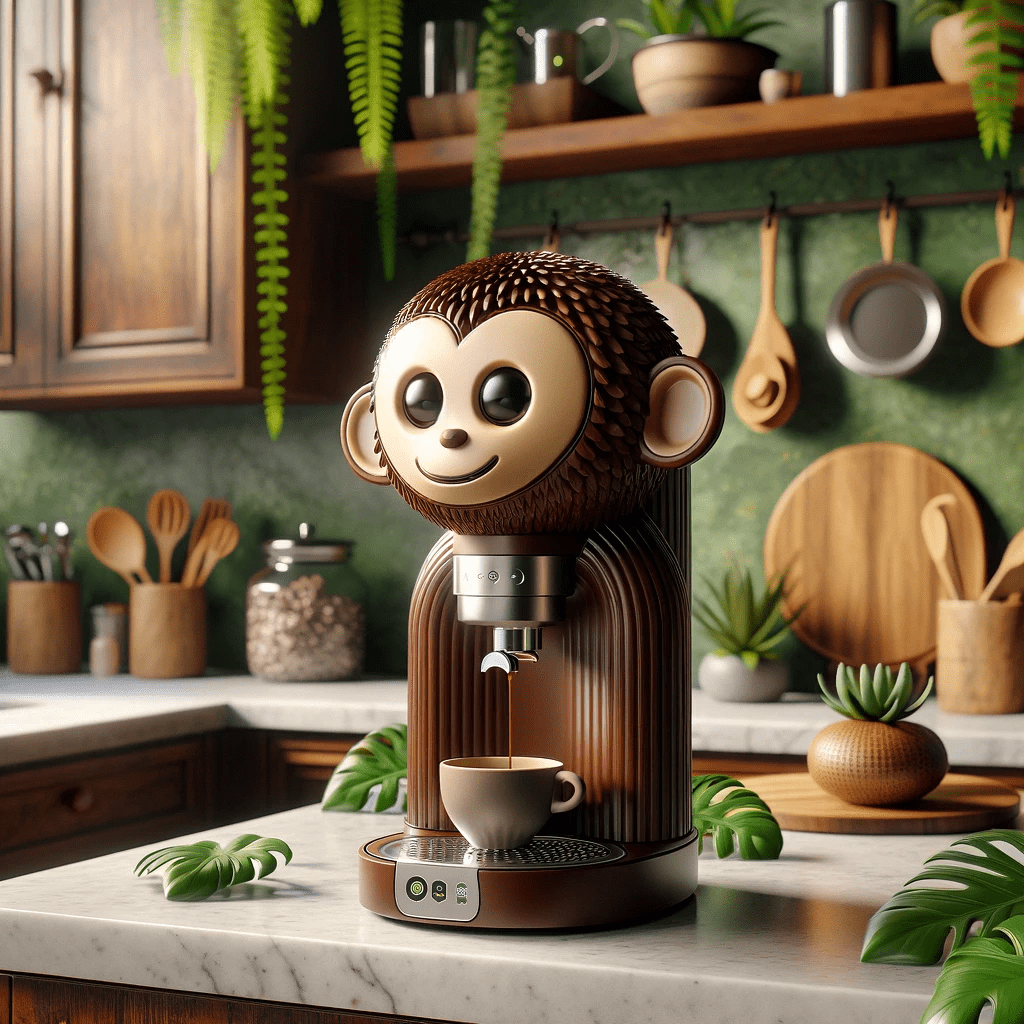 A charming young monkey coffee machine offering a freshly brewed espresso with playful energy.